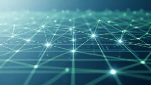 Abstract digital network visualization with interconnected glowing nodes and lines on blue background.