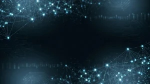 Abstract dark blue digital network with glowing connected nodes and circuit patterns.