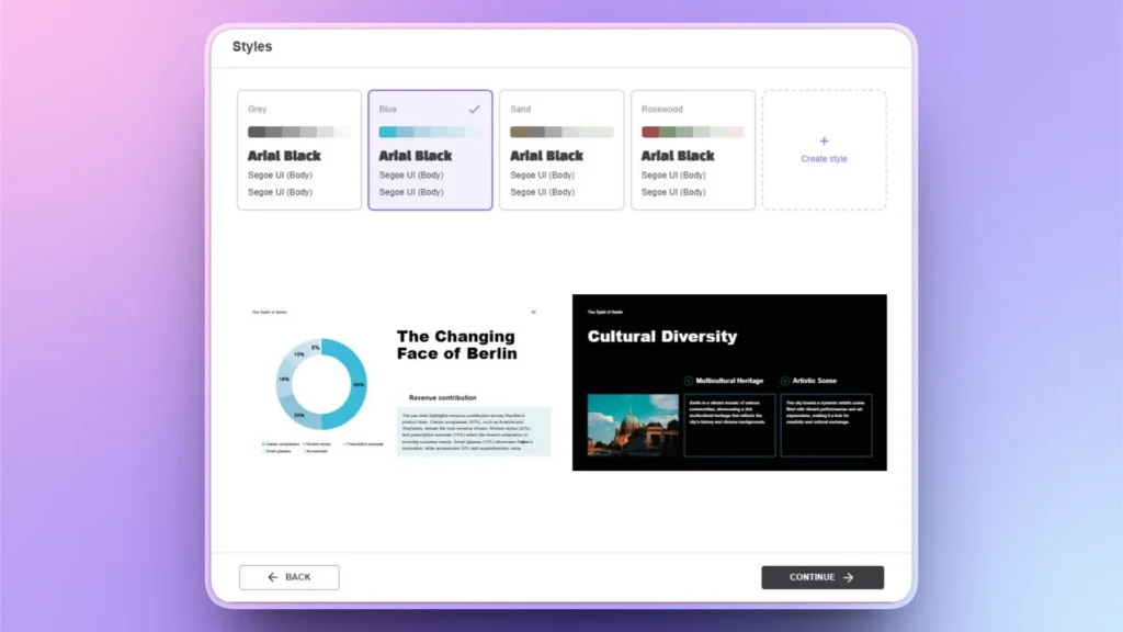 User interface with style options featuring color palettes, fonts, and presentation slides on Berlin.