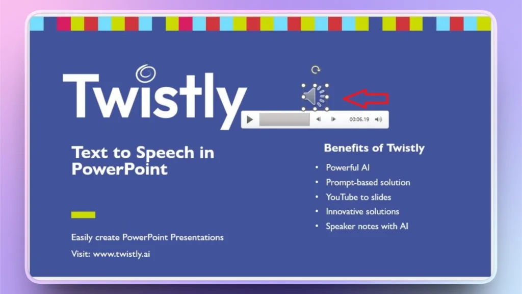 Presentation slide with blue background featuring "Twistly" text, text-to-speech audio bar, and benefits list.