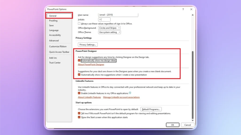 PowerPoint Options window showing General settings with PowerPoint Designer and LinkedIn Features sections.