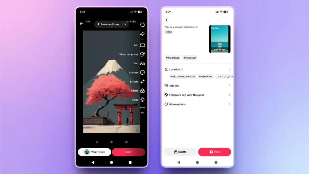 Two smartphone screens displaying TikTok slideshow editing and posting interfaces with a Japanese-themed image.