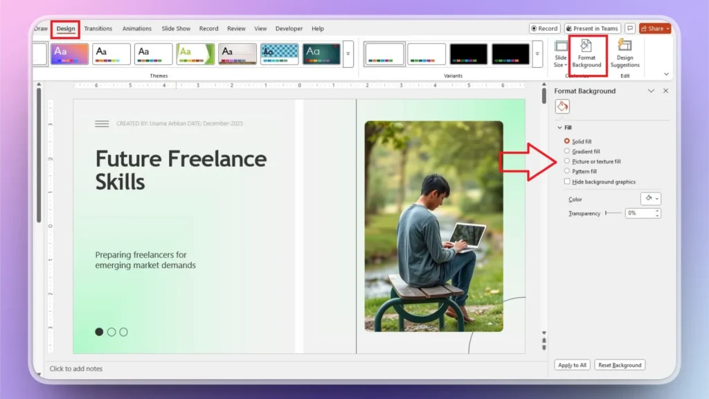 PowerPoint slide titled "Future Freelance Skills" with background formatting options visible.