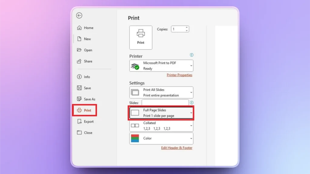 Print settings menu in presentation software with "Print" and "Full Page Slides" options highlighted.