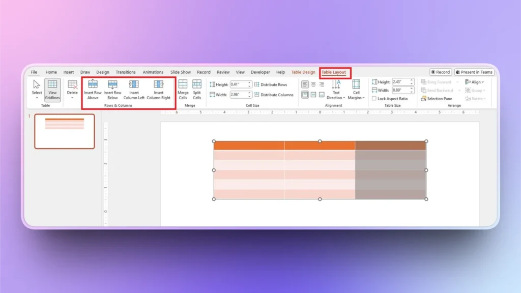 Screenshot of a table editing interface in presentation software with Table Layout tab and insert row/column options highlighted.