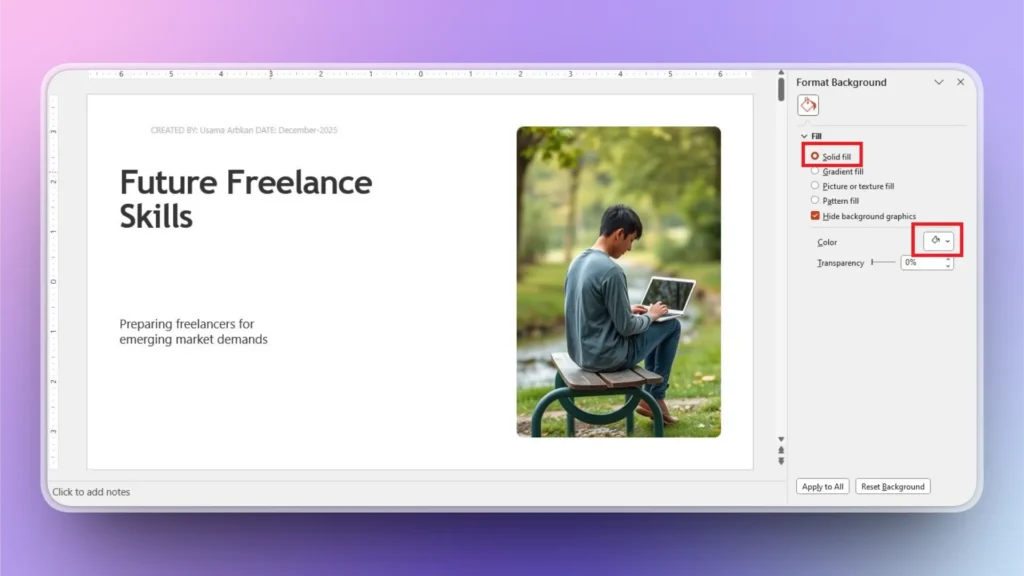 Presentation slide titled "Future Freelance Skills" with a man sitting on a bench using a laptop outdoors.