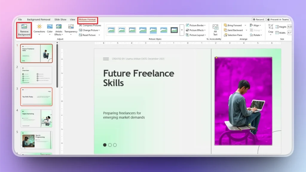 Screenshot of a PowerPoint presentation titled "Future Freelance Skills" with the Picture Format tab and Remove Background option highlighted.