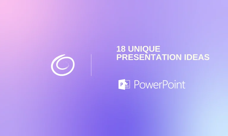 Gradient purple and pink background with white text stating "18 Unique Presentation Ideas" and the PowerPoint logo.