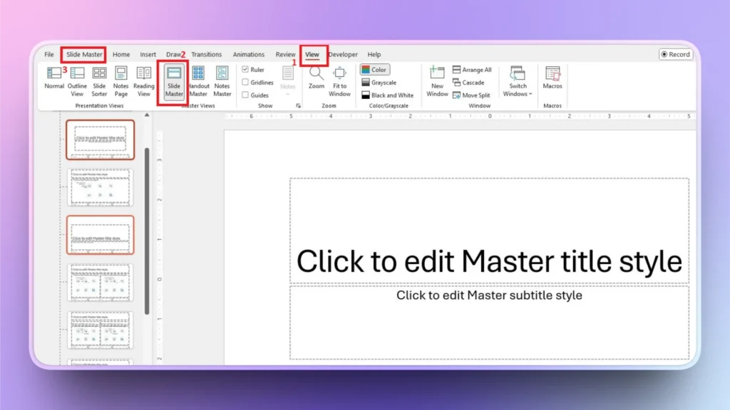 Screenshot of a presentation software interface showing the Slide Master view with highlighted View and Slide Master tabs.