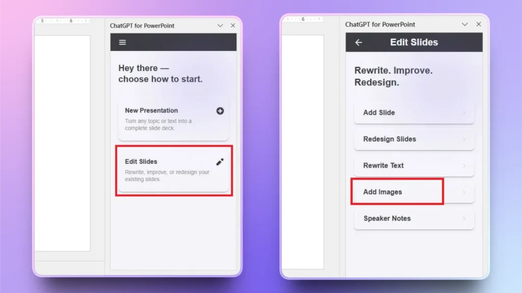 Screenshot of ChatGPT for PowerPoint interface showing slide editing options with "Edit Slides" and "Add Images" highlighted.