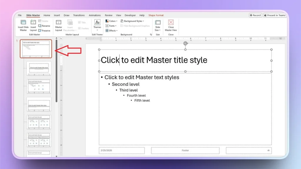Screenshot of PowerPoint Slide Master view with slide layouts and editing options visible.