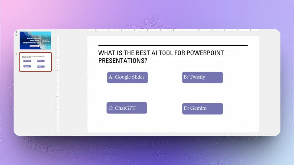 Slide showing a multiple-choice question about the best AI tool for PowerPoint presentations with four options.