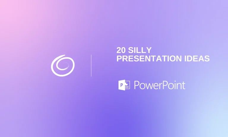 Gradient purple and pink background with text "20 Silly Presentation Ideas" and PowerPoint logo.