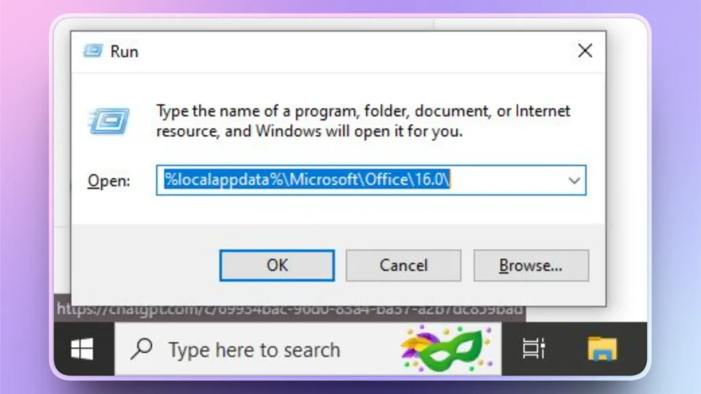 Windows Run dialog box with file path "%localappdata%MicrosoftOffice16.0" typed in the Open field.