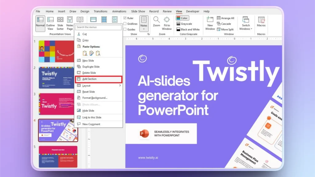 PowerPoint interface showing a right-click menu with "Add Section" highlighted and a slide titled "Twistly AI-slides generator for PowerPoint.