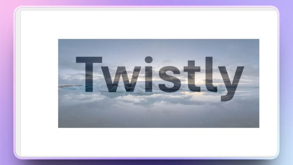 Tablet screen displaying the word "Twistly" over a cloudy sky and calm water background.