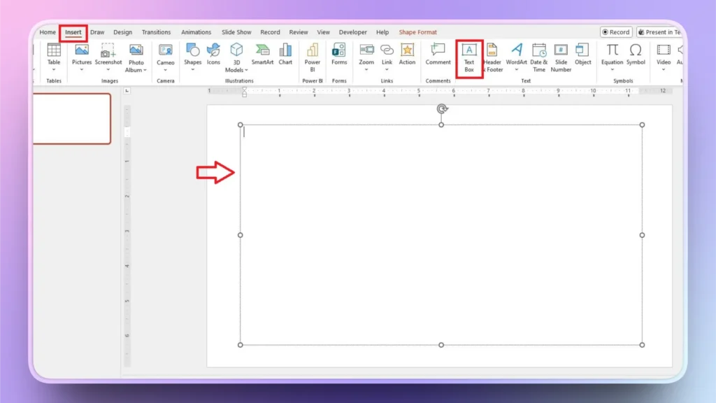 Screenshot of a presentation software interface highlighting the Insert tab and Text Box option.