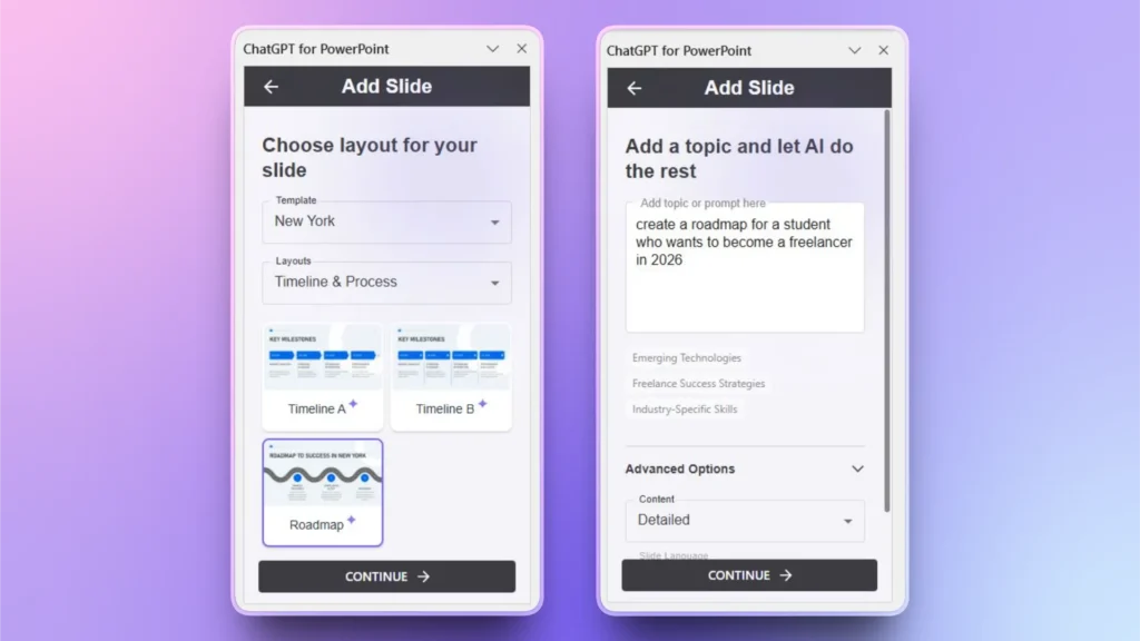 User interface of ChatGPT for PowerPoint showing slide layout and AI topic input options.