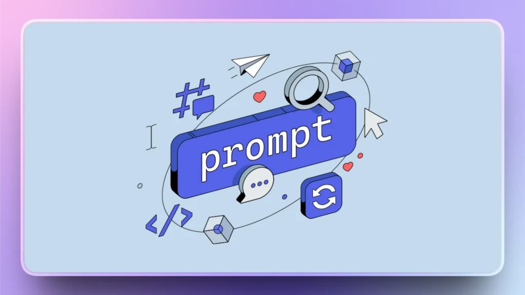 Blue 3D "prompt" button surrounded by digital icons including magnifying glass, paper airplane, and chat bubble.