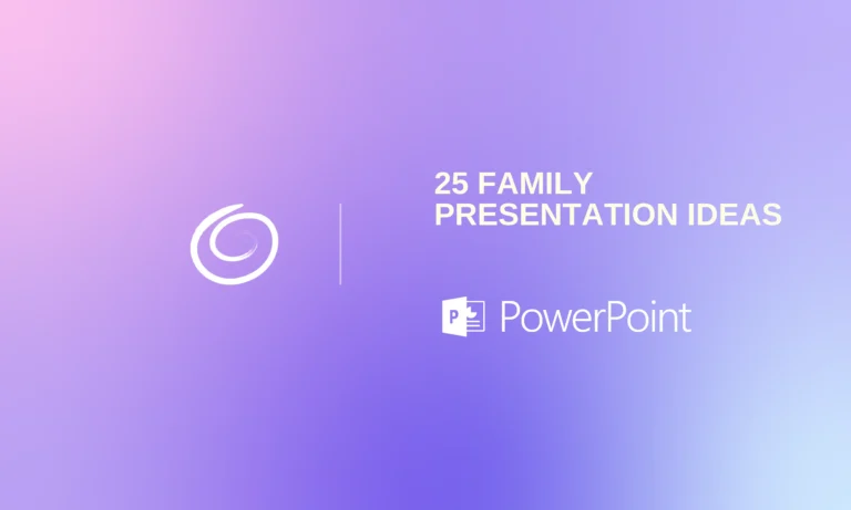 Gradient purple and pink background with white text "25 Family Presentation Ideas" and PowerPoint logo.