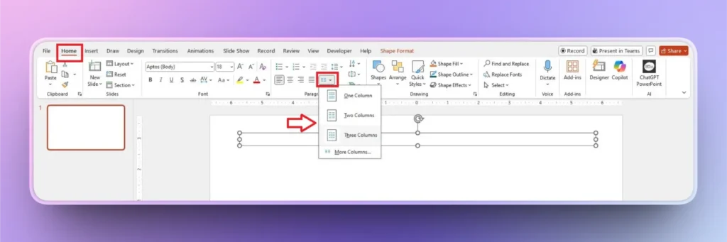 Screenshot of PowerPoint interface showing the Home tab with the Columns dropdown menu expanded.