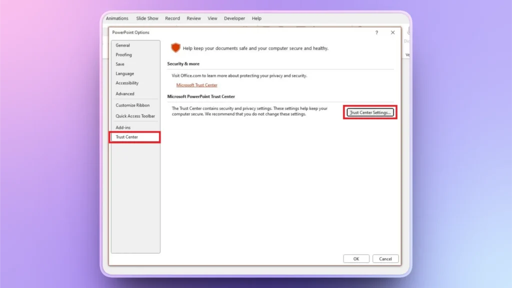 Screenshot of Microsoft PowerPoint Options window focused on Trust Center settings tab.