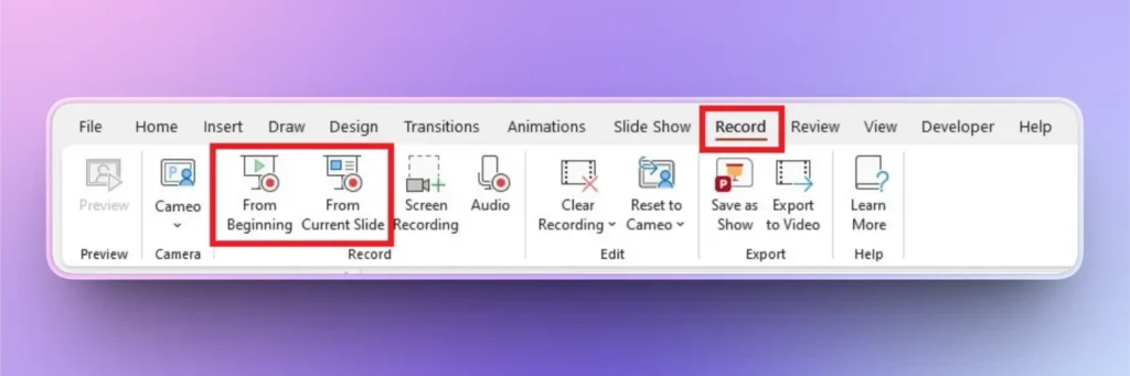 Microsoft PowerPoint Record tab interface showing recording options from beginning and current slide.