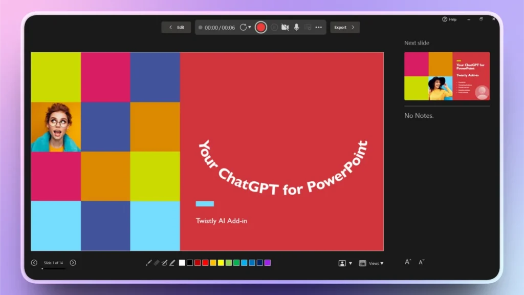 Screenshot of a colorful PowerPoint slide titled "Your ChatGPT for PowerPoint" with a red background and a woman's photo.