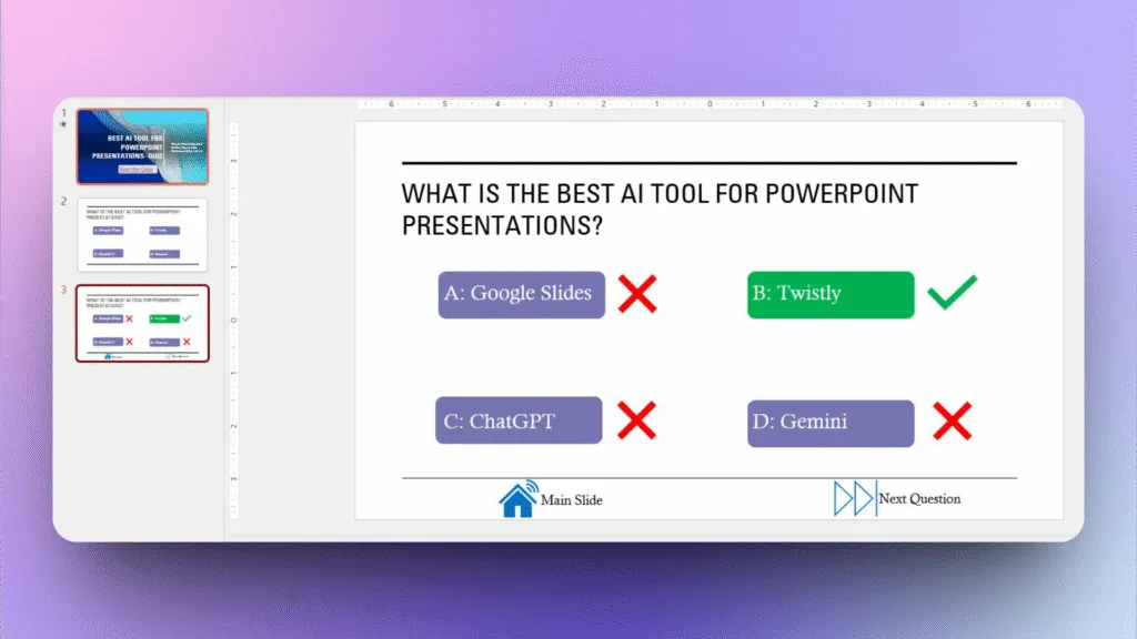 Slide showing a quiz question about the best AI tool for PowerPoint, with four options and one correct answer highlighted.