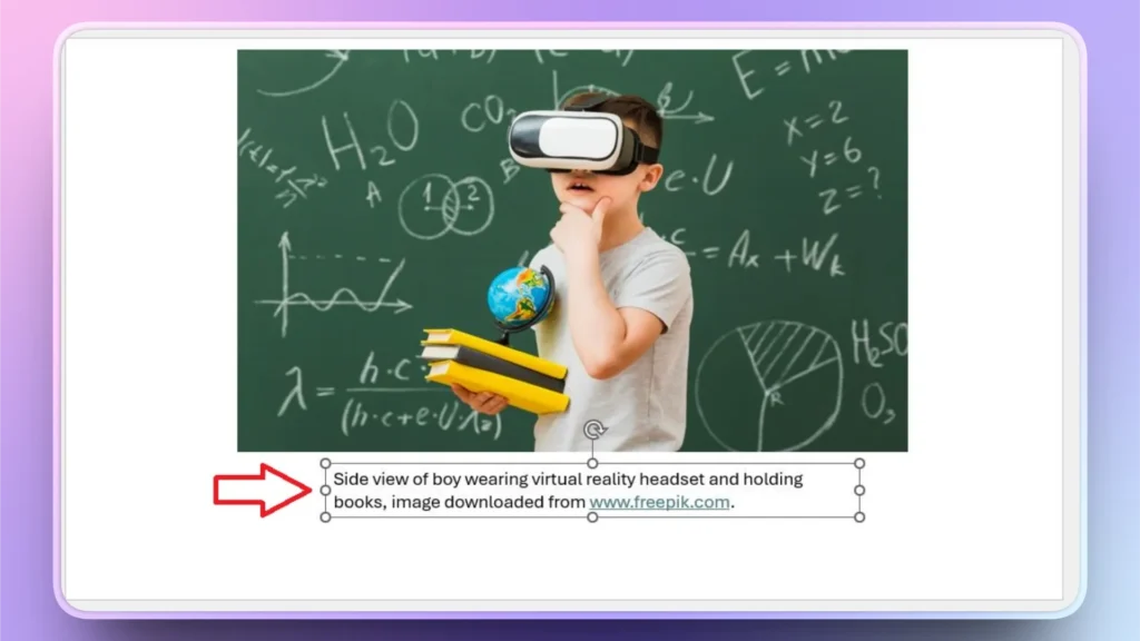 Boy wearing virtual reality headset holding books and small globe in front of chalkboard with scientific formulas.