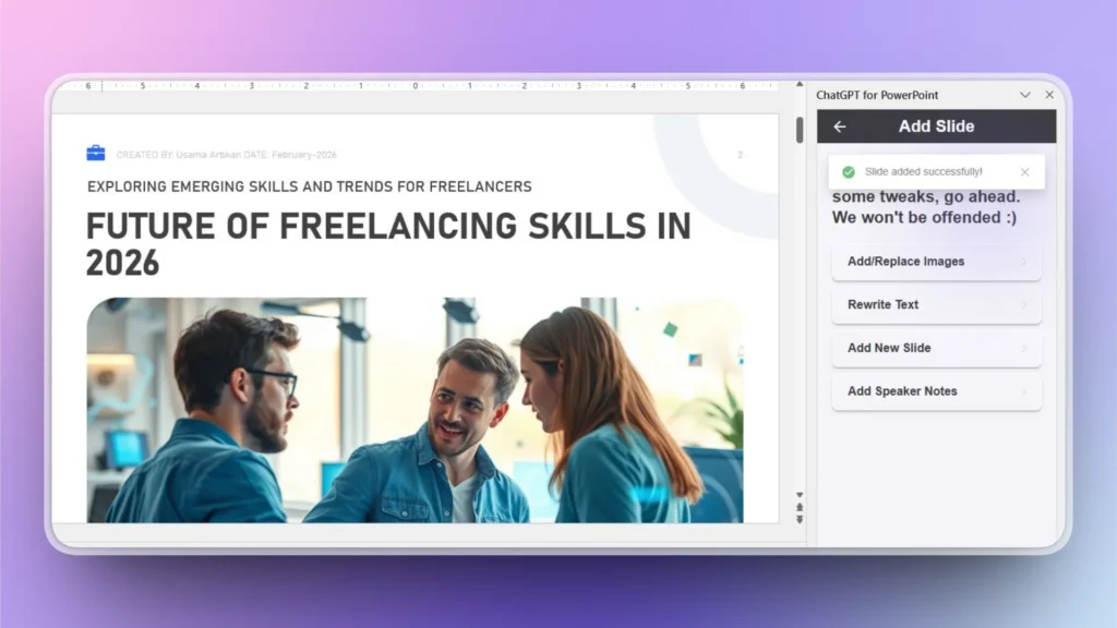 Screenshot of a PowerPoint slide titled "Future of Freelancing Skills in 2026" showing three people in discussion.