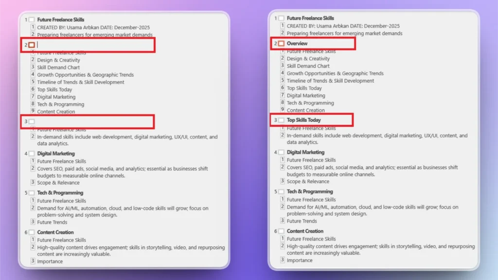 Side-by-side comparison of two digital documents titled "Future Freelance Skills" with highlighted text sections on a purple background.