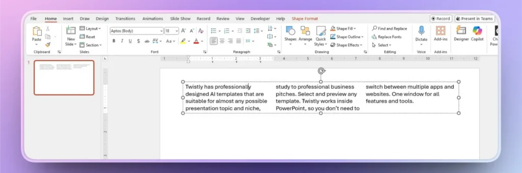 Screenshot of a PowerPoint slide in editing mode with text about AI templates and app integration.