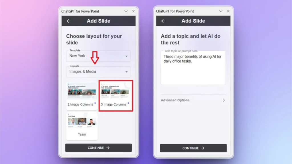 Screenshot of ChatGPT for PowerPoint interface showing slide layout options and AI prompt input.