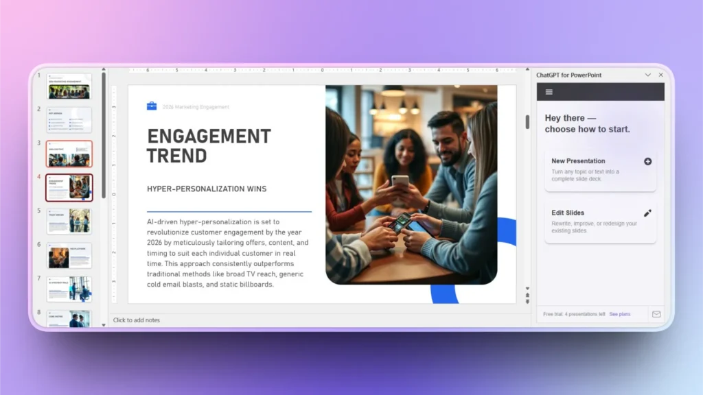 Screenshot of a PowerPoint slide titled "Engagement Trend" with a group of diverse people using mobile phones.