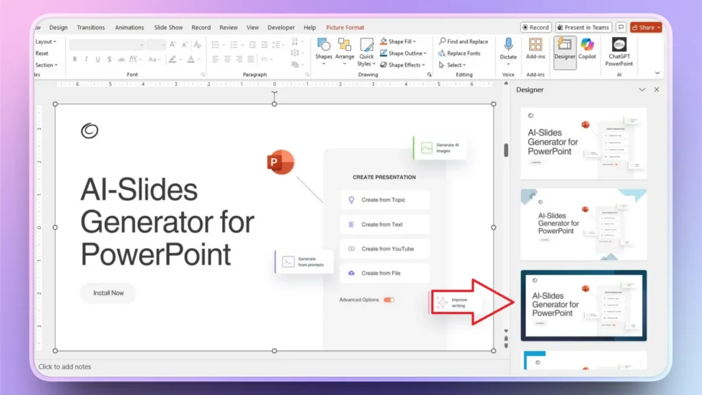 Screenshot of PowerPoint interface displaying AI-Slides Generator for PowerPoint with design options and text features.
