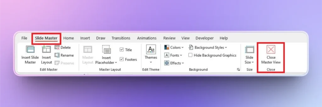 Screenshot of PowerPoint ribbon interface highlighting the Slide Master tab and Close Master View button.