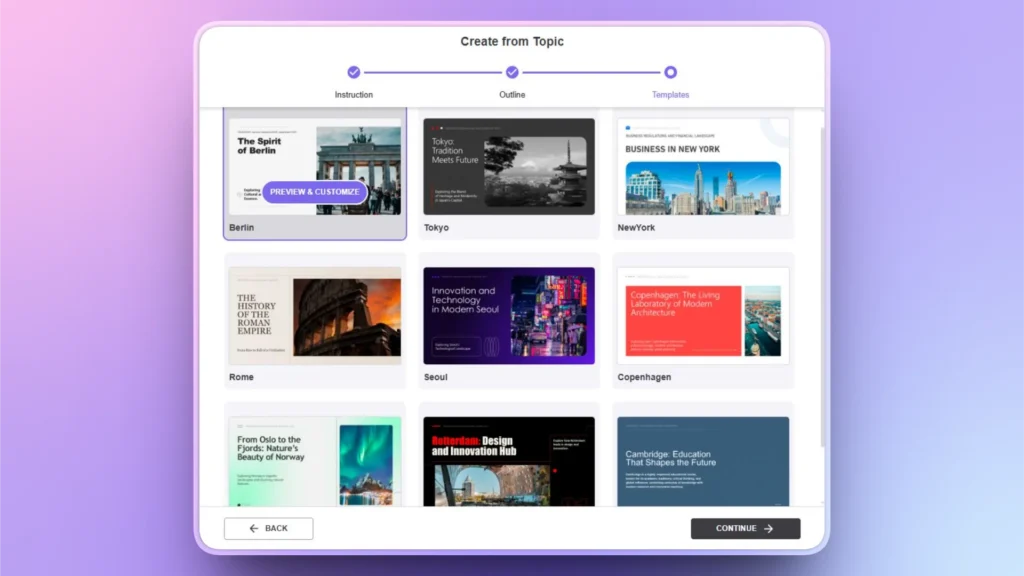 User interface showing presentation templates with city themes including Berlin, Tokyo, New York, Rome, Seoul, and Copenhagen.