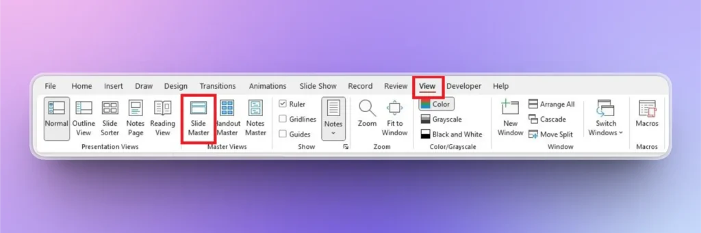 Toolbar of a presentation software with View tab and Slide Master option highlighted.