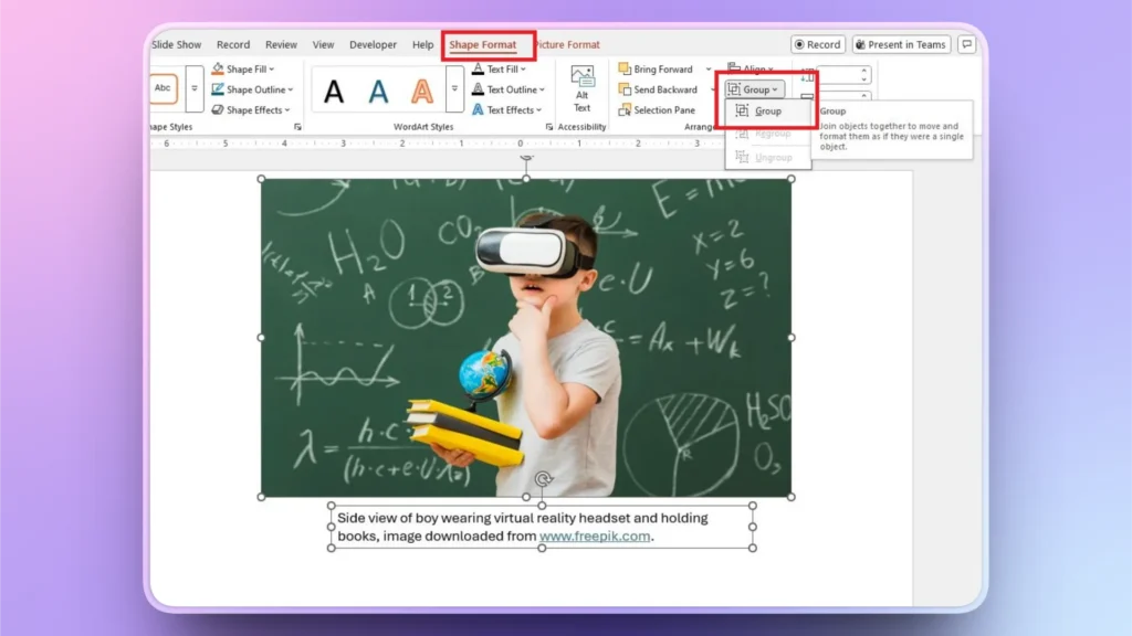 Screenshot of a presentation slide showing a boy with virtual reality headset and books.