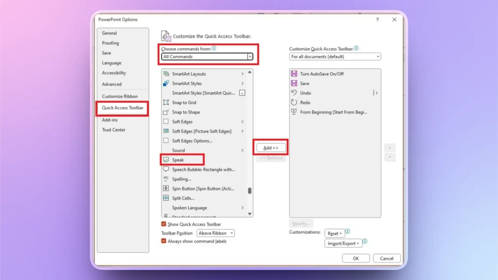 PowerPoint Options window showing Quick Access Toolbar settings with Speak command highlighted.