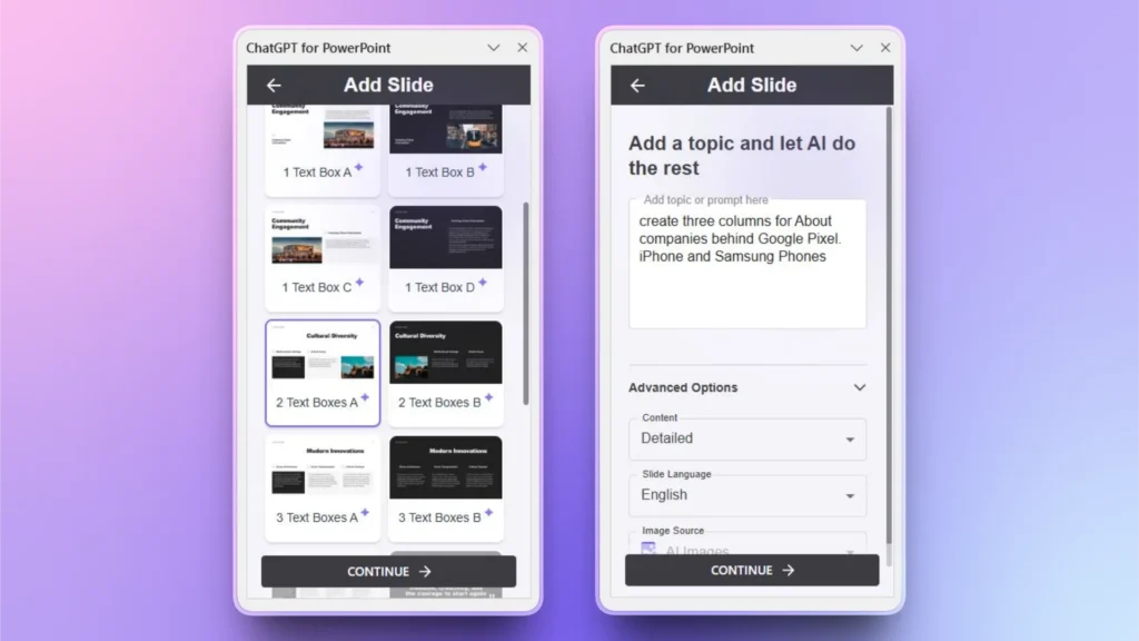 Screenshot of ChatGPT for PowerPoint interface showing slide template options and AI prompt input.