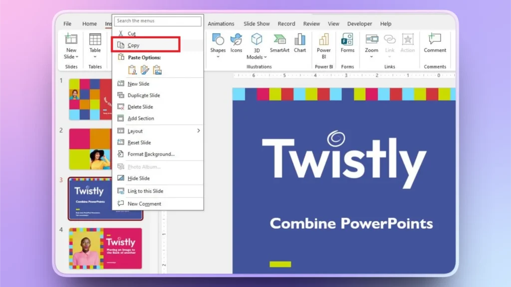 Screenshot of a PowerPoint interface with the "Copy" option highlighted in the slide menu.