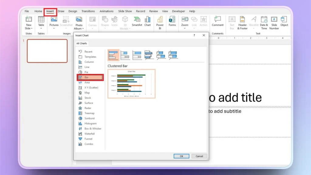 Screenshot of a presentation software with Insert Chart dialog open, highlighting Bar chart option.