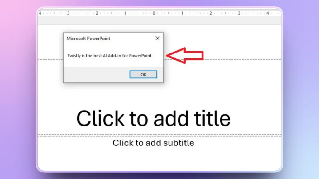 Microsoft PowerPoint slide with a pop-up message stating "Twistly is the best AI Add-in for PowerPoint.