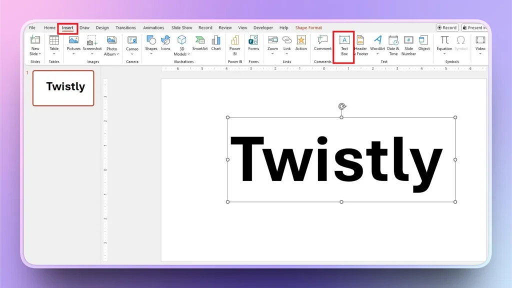 Screenshot of Microsoft PowerPoint with the Insert tab selected, highlighting the Text Box option, and a slide displaying the word "Twistly" in bold black text.