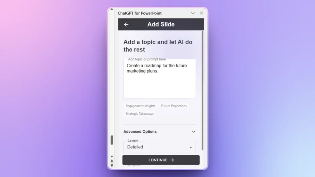 Screenshot of ChatGPT for PowerPoint interface with prompt to create a roadmap for future marketing plans.