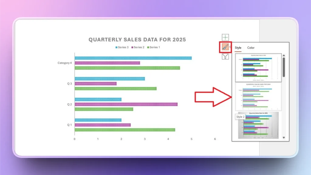 Bar chart titled "Quarterly Sales Data for 2025" with blue, purple, and green bars and chart style options panel.