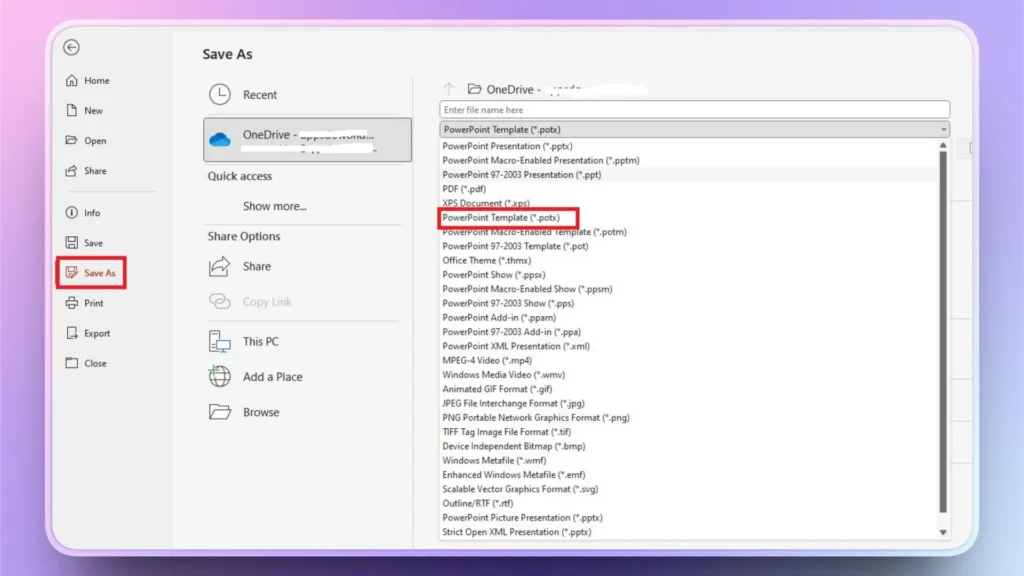 Save As dialog box in a software interface with PowerPoint Template file format highlighted.