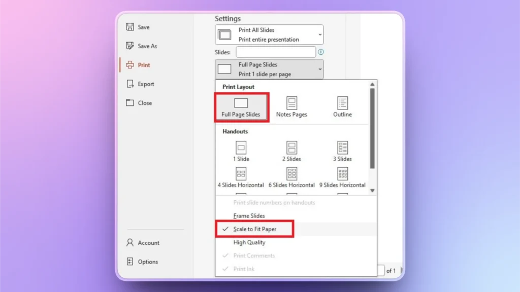 Print settings menu in presentation software highlighting "Full Page Slides" and "Scale to Fit Paper" options.